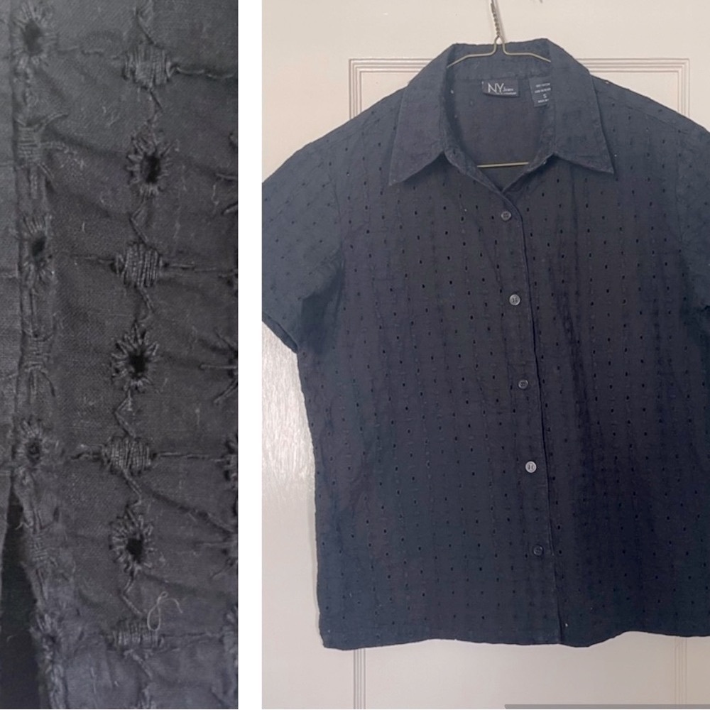 NY Jeans Blouse Eyelet Cropped Short Sleeves Side Slits Black Top Size M